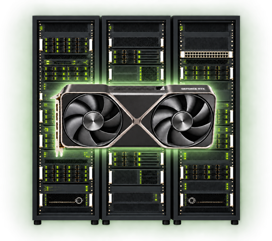 An RTX 5090-style dual-fan GPU centered in front of three aligned server racks